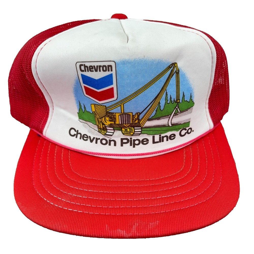 Vintage Chevron Pipe Line Trucker Hat Snapback Oil Gas Petroleum Rope 90s Cap D4